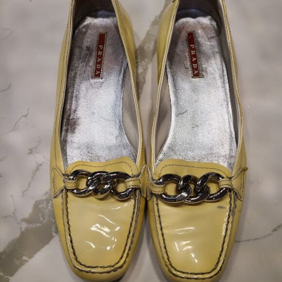 Prada  *Vintage* 90s Yellow Patent Leather Logo Loafers EU 39.5/ US 9 or 9.5 - Picture 1 of 8